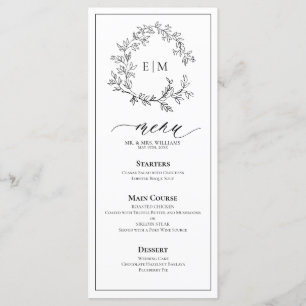 White Black Leafy Crest Monograma Menu Casamento