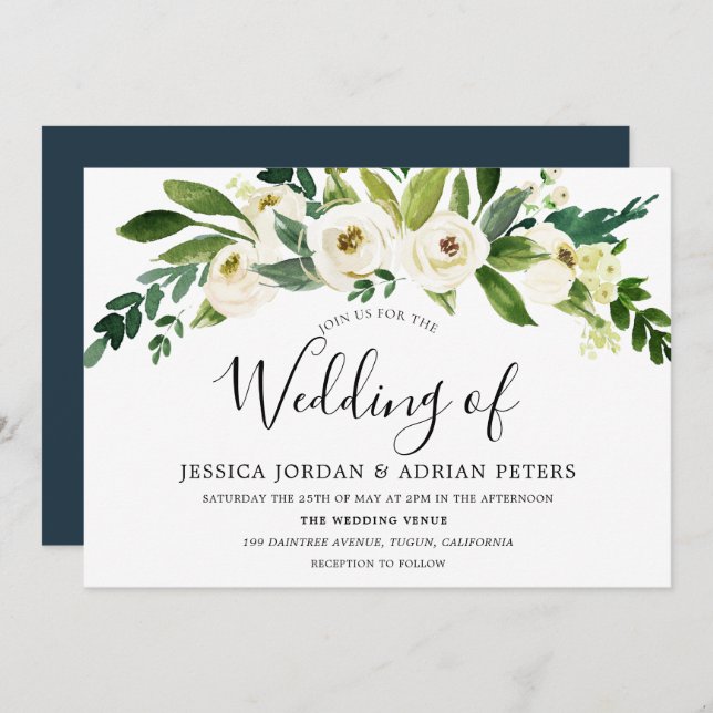 White Bloom Floral Greenery Convite para Casamento (Frente/Verso)