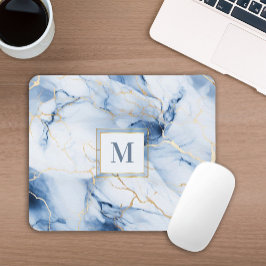 White Blue Gold Marble Monogram Initial Mousepad