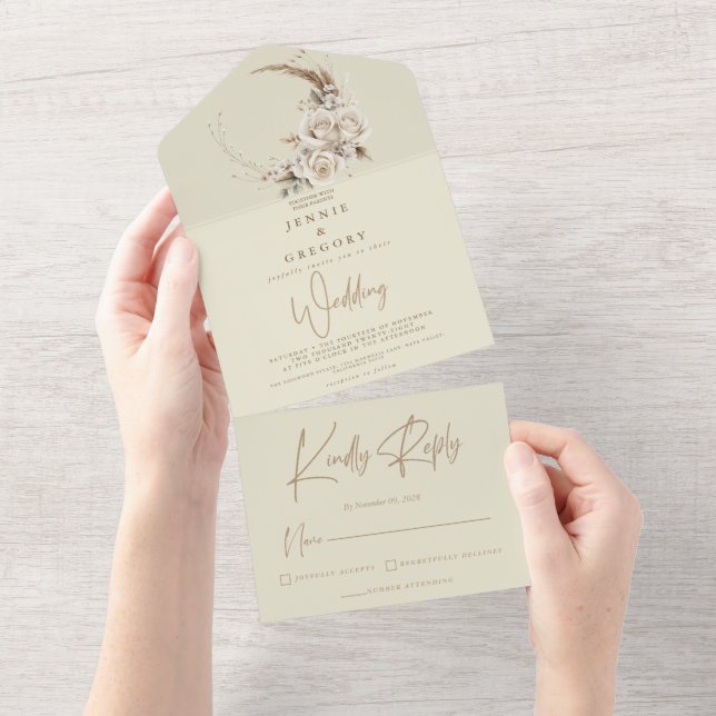 White Boho Floral Tudo Em Um Convite De Casamento (Aba destacável)