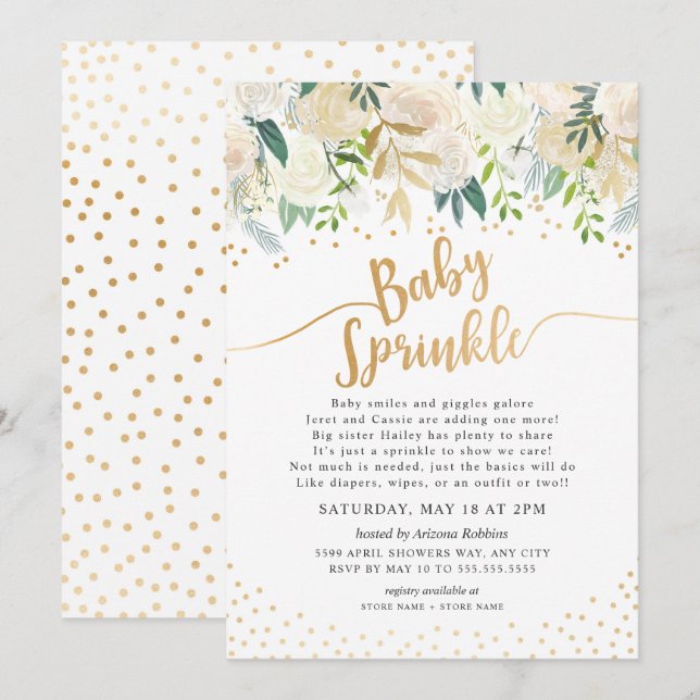 White Floral Baby Sprinkle Convite (Frente/Verso)