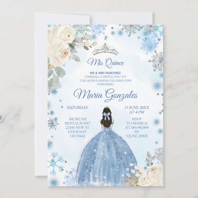 White Floral e Winter Blue Mis Quince Convite (Frente)