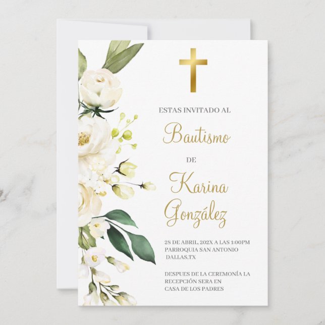 White floral espanhol Baptism Convite (Frente)