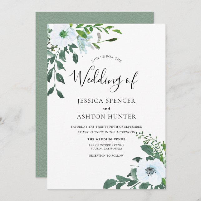 White Floral Greenery Convite Elegante Para Casame (Frente/Verso)