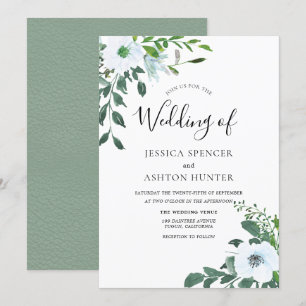 White Floral Greenery Convite para Casamento Elega