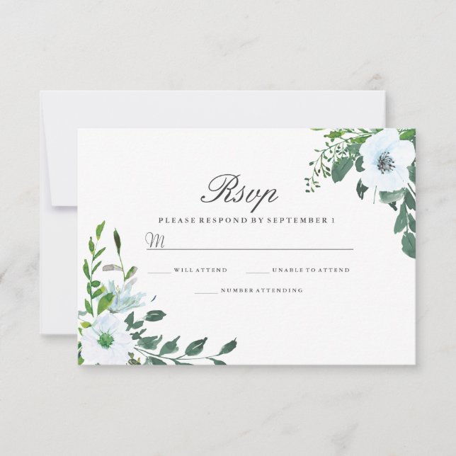 White Floral Greenery Elegant Wedding RSVP (Frente)