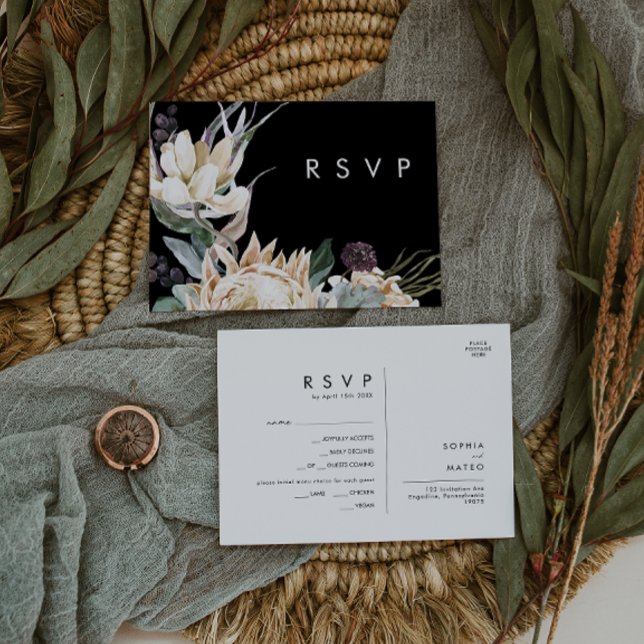 White Floral | Placa RSVP de Escolha do Menu Preto (Criador carregado)