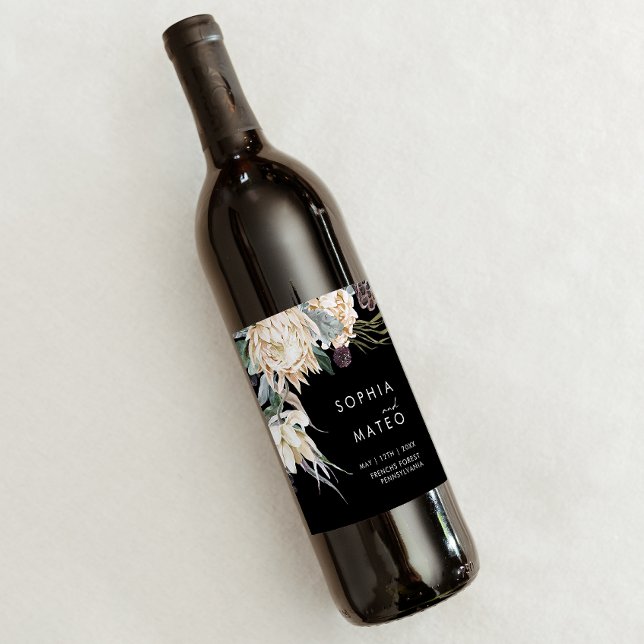 White Floral | Rótulo de Vinho de Casamento Negro (Criador carregado)
