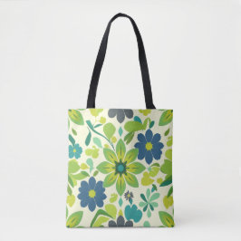 White Green and Blue Floral Tote Bag