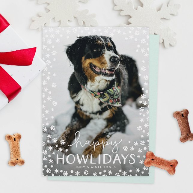 White Happy Howlidays Cartão com fotos de Férias P (snowflakes and paw prints happy howlidays pet parent Christmas holiday photo cards)