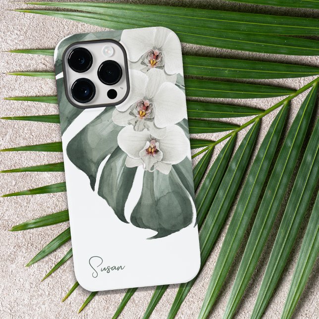 White Orchids Tropical Floral com seu nome (A beautifully feminine iPhone case with white orchids on monstera leaf. Personalize with your name.)