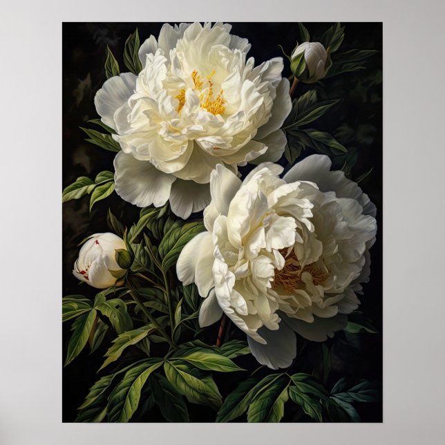 White Peony Flowers Art Impressão Poster (Frente)