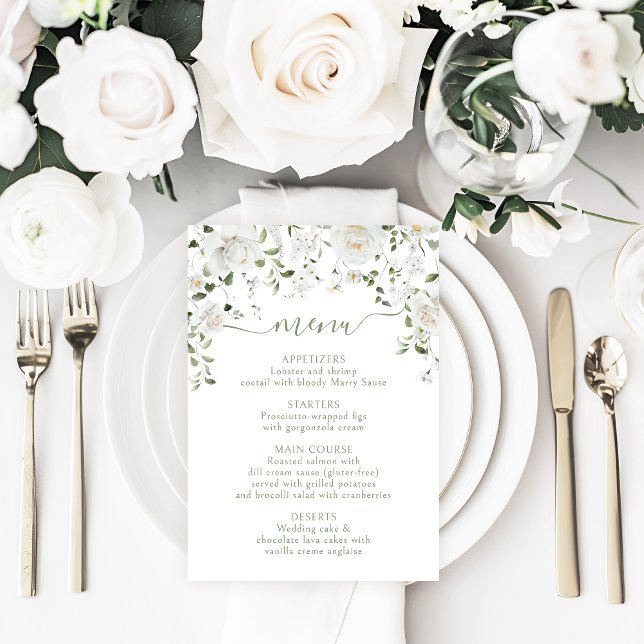 White Rose Peony Flower & Greenery Wedding Menu (Criador carregado)
