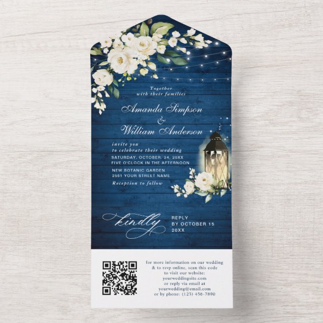 White Roses Blue Wood Casamento Código QR (Inside)
