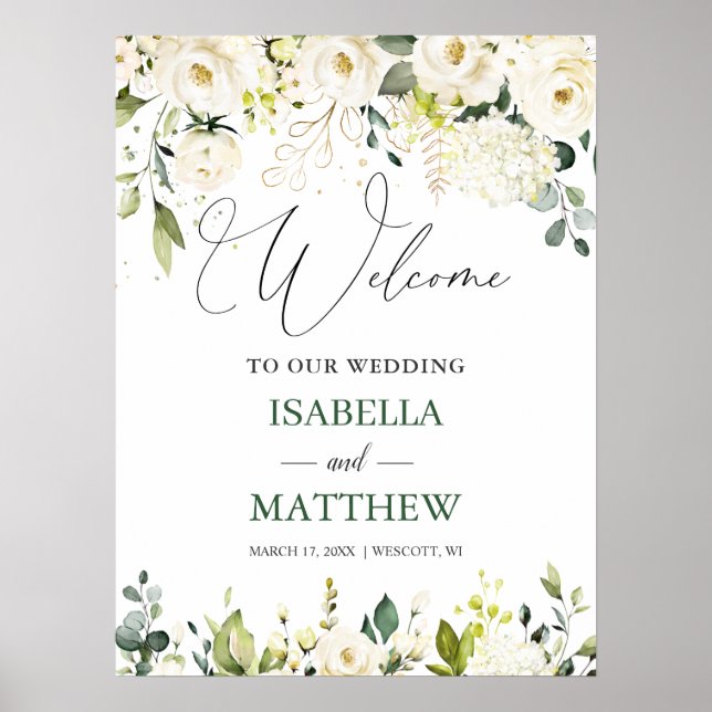White Roses Greenery Casamento Poster de Boas-vind (Frente)