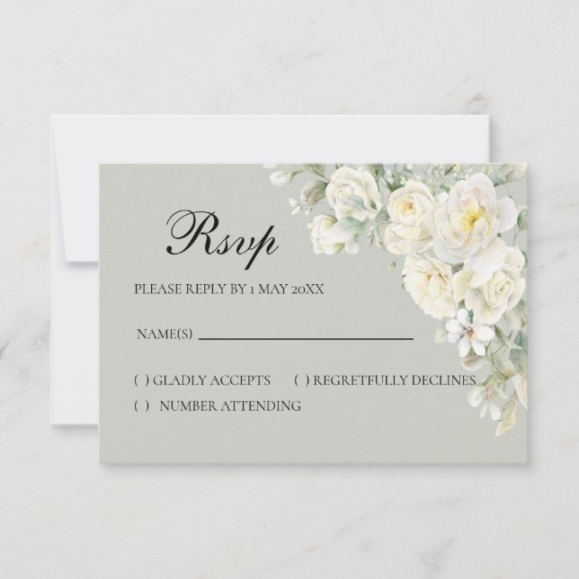 White Roses Light Green RSVP card (Frente)