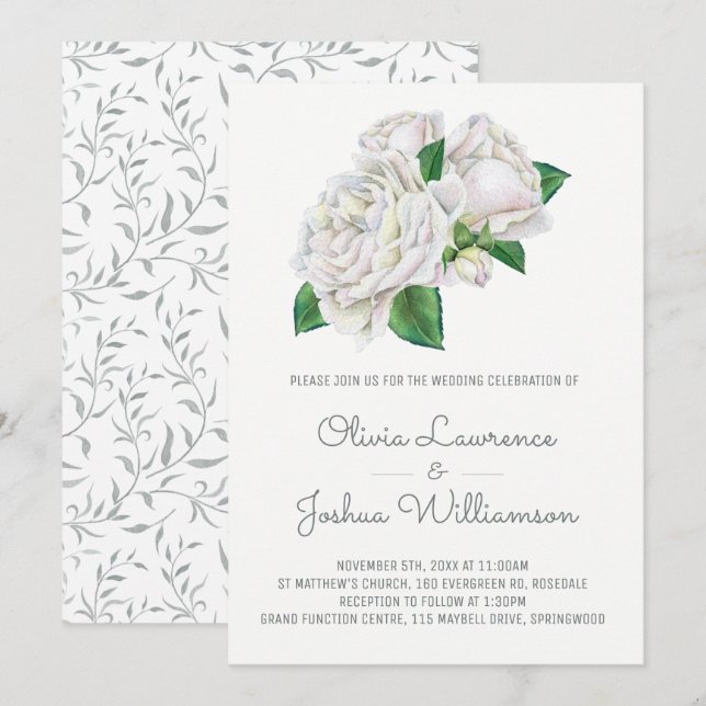 White Roses Watercolor Convites para Casamento (Frente/Verso)