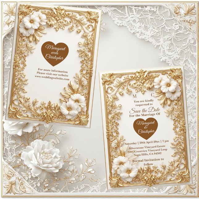 White Tulips Gold Ornate Baroque Save The Date  (White Tulips Gold Ornate Baroque Save The Date)