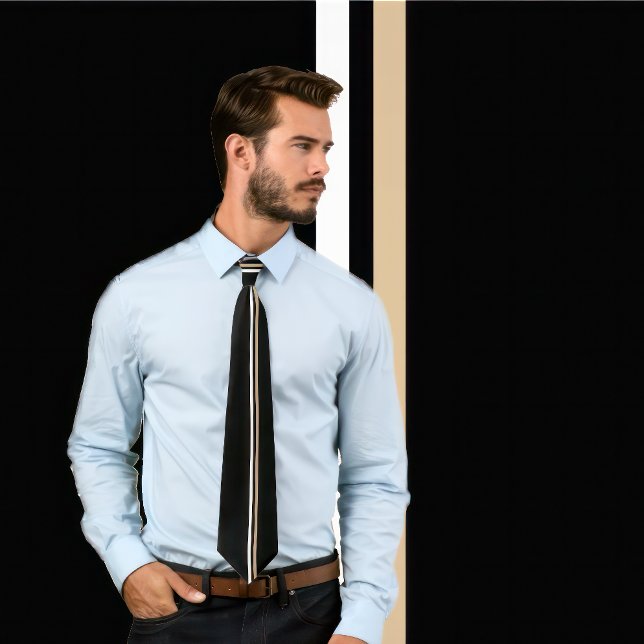 White vertical e faixas de estanho na gravata pret (Man wears a necktie with 2 thin vertical stripes, one white and one tan.)