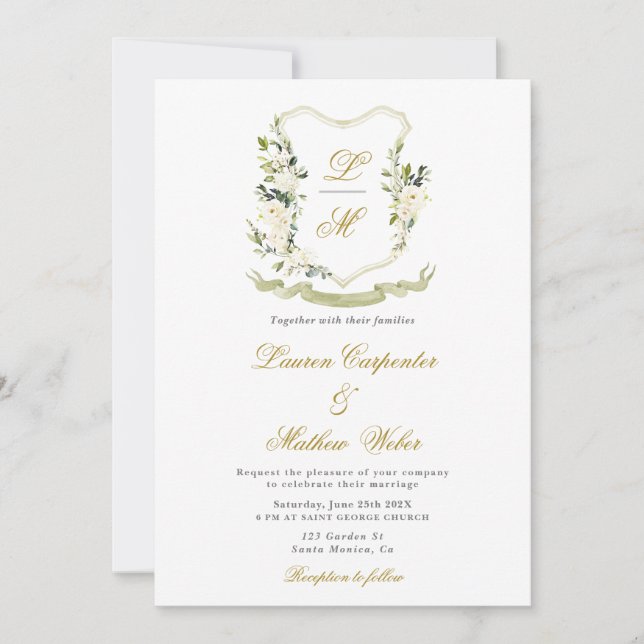 White Watercolor Floral Crest Convite de casamento (Frente)