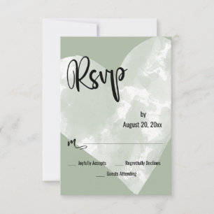 White Watercolor Heart Sage Green Wedding RSVP