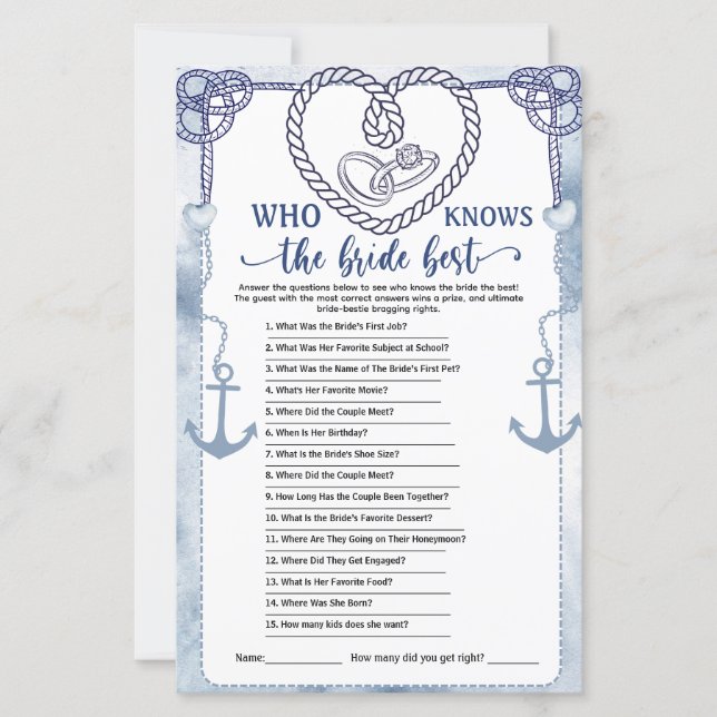 Who Knows the Bride Best Game Nautical Wedding (Frente)