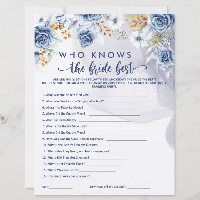 Who Knows the Bride Best Games Bridal Shower  (Frente)