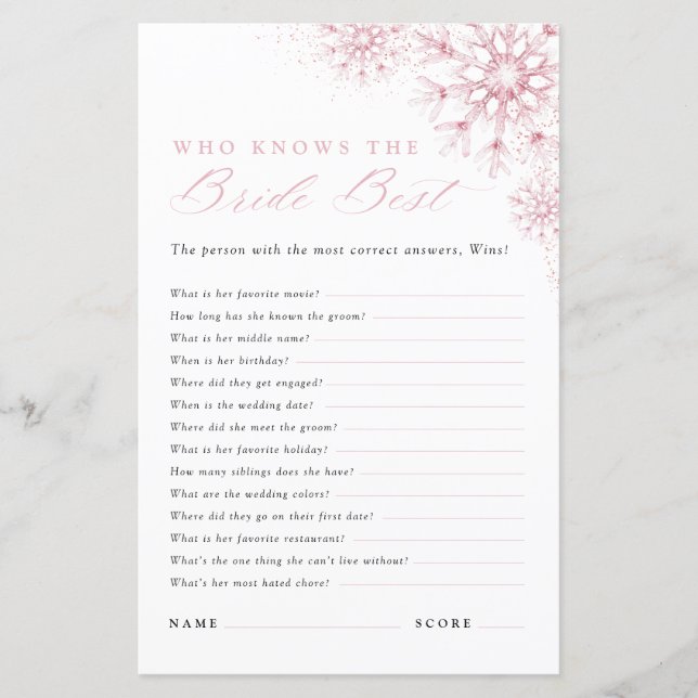 Who Knows the Bride Best Pink Snow in Love Game (Frente)