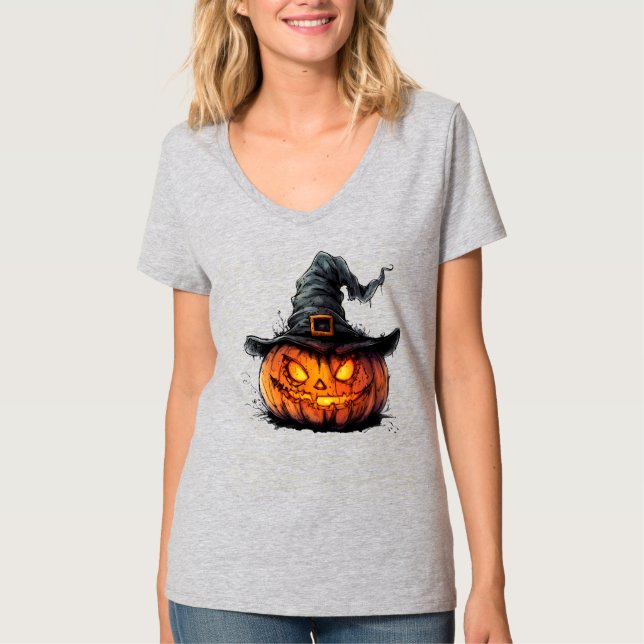 Wicked Pumpkin Witch Hat Halloween T-Shirt (Frente)