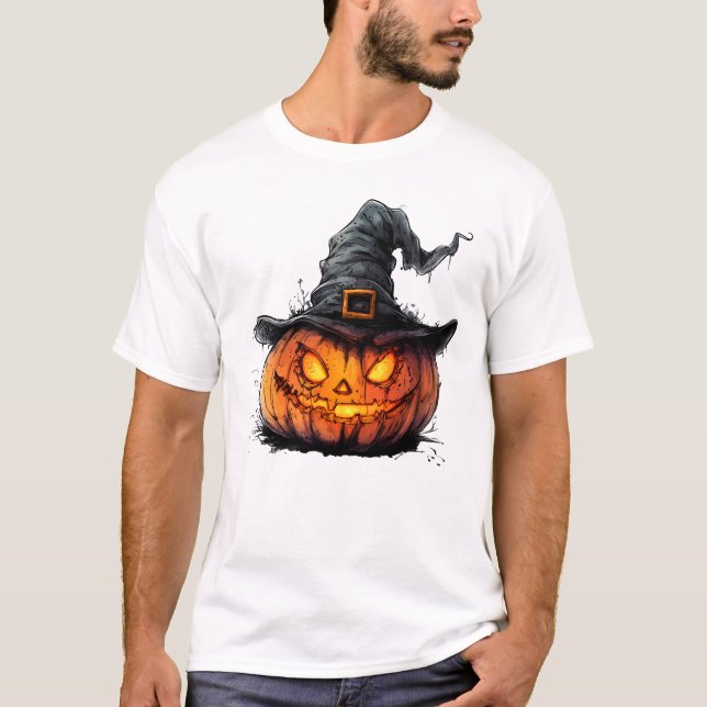 Wicked Pumpkin Witch Hat Halloween T-Shirt (Frente)