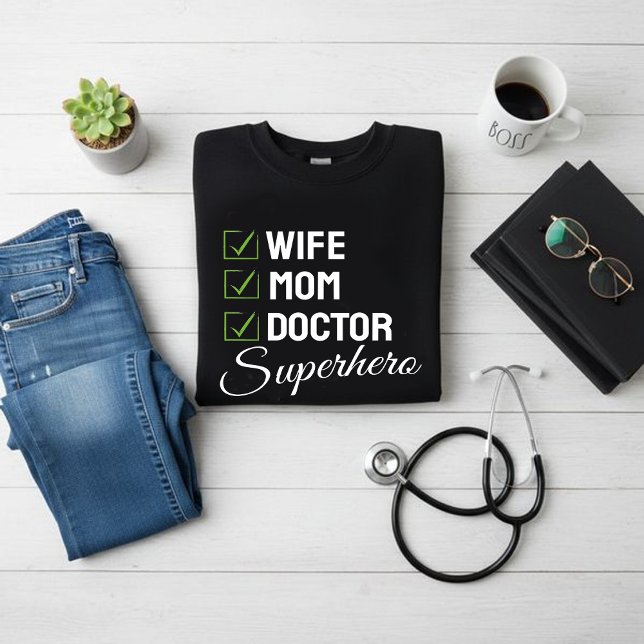 Wife Mom Doctor Superhero T-Shirt – Funny Doctor (Criador carregado)