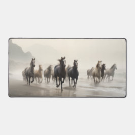 Wild horses on a foggy beach