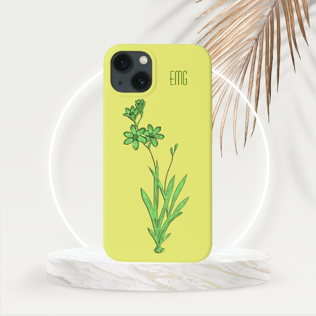 Wild Narciso em Verde (Wild Narcissus in Green on a Yellow Background with Customizable Monogram Phone Case)