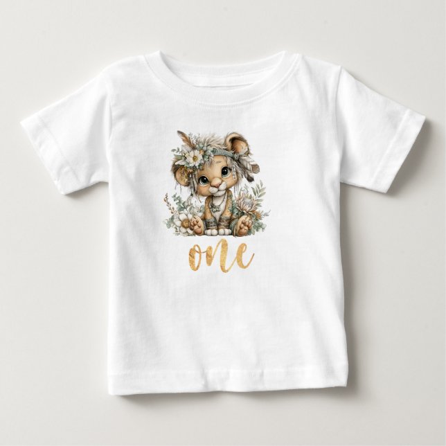 Wild One 1st Birthday Boho Lion Baby T-Shirt (Frente)
