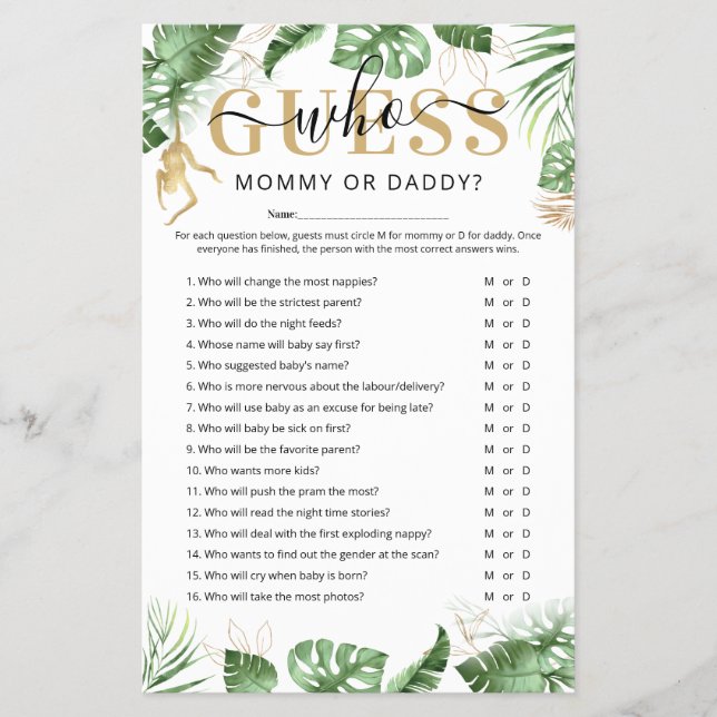 Wild One "Adivinha Quem" Folheto de Jogo de Chá de (Frente)