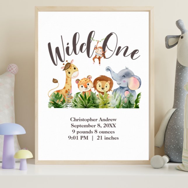 Wild One Birth Stats Selgle Safari Animal Poster (Wild One Nursery Wall Art Birth Stats Baby Shower Gift)