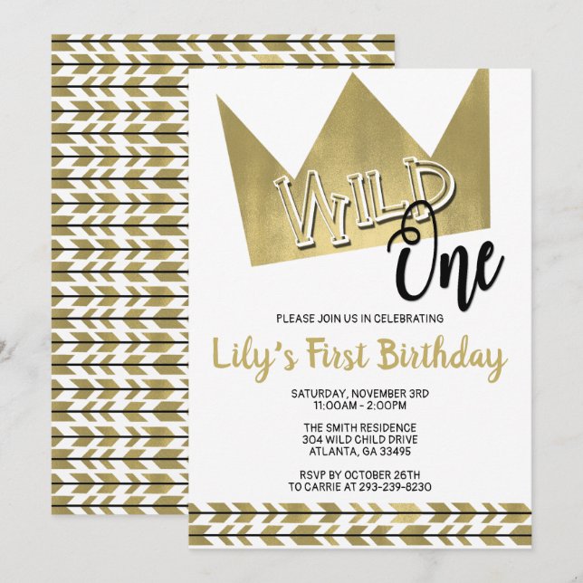 Wild One First Birthday Convite Preto e Dourado (Frente/Verso)