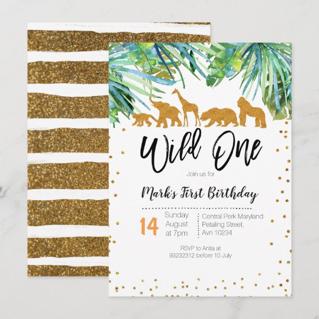 Wild One First Birthday Convite Safari Folhas (Frente/Verso)