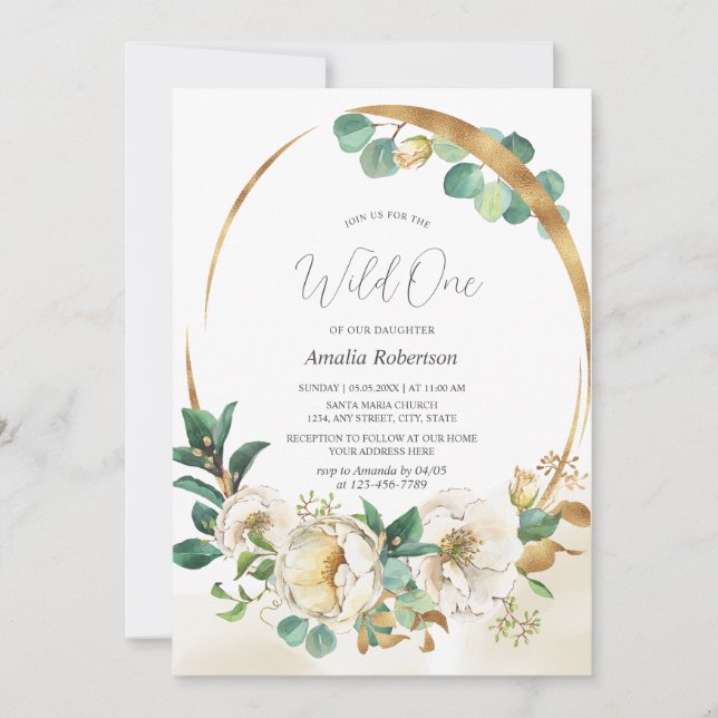 Wild One Floral Greenery Ouro Convite (Frente)