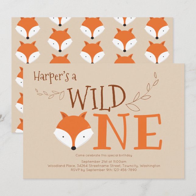 Wild One Fox Animal Primeiro Convite de Aniversári (Frente/Verso)