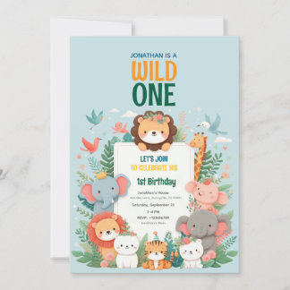 Wild One Safari Jungle Animal Birthday Convite