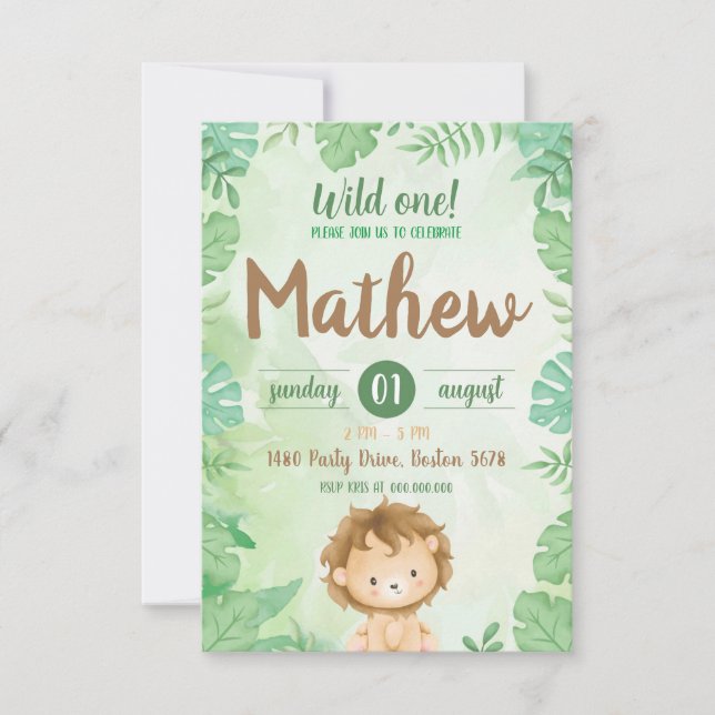 Wild One Safari Lion Invitation (Frente)