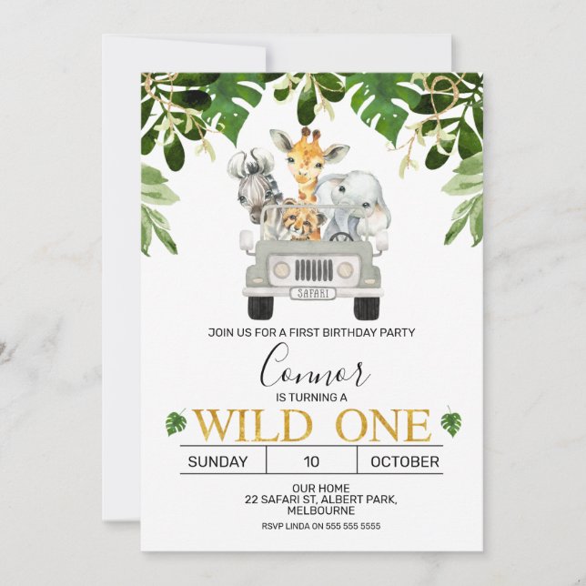 Wild One Safari Primeiro Convite de Aniversário (Frente)