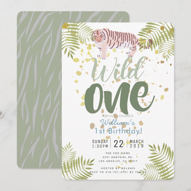 Wild One Tiger Khaki - Convite para primeiro anive (Frente/Verso)
