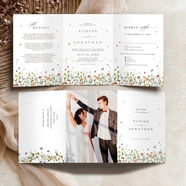 Wildflower All em um triplo Convite para Casamento (Spring Wildflower garden All in one tri fold Wedding Invitation)