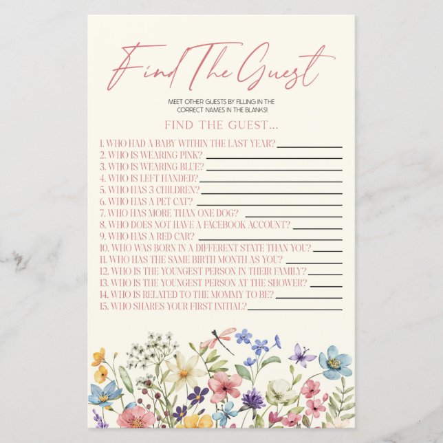 Wildflower Floral Find The Guest Baby Shower Game (Frente)