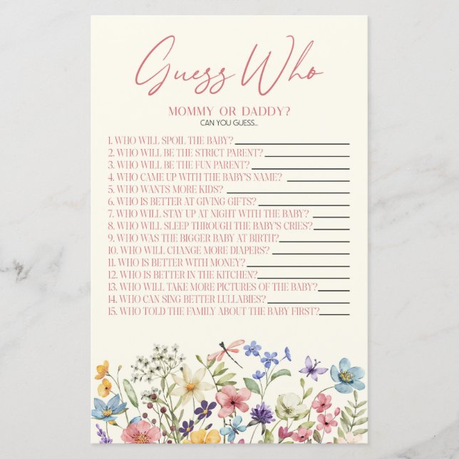 Wildflower Floral Guess Who Baby Shower Game (Frente)