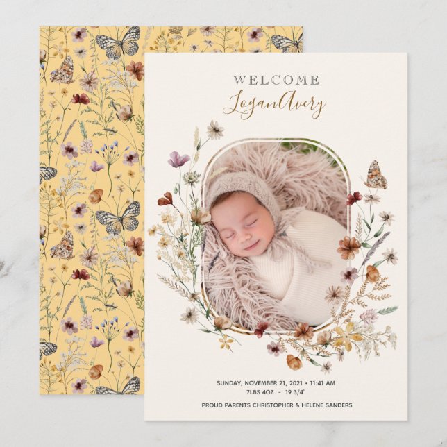 Wildflower Floral New Baby Birth Anúncio (Frente/Verso)