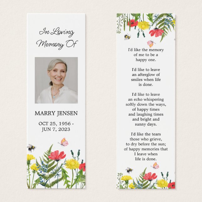Wildflower Floral Photo Funeral Memorial Bookmark (Frente & Verso)