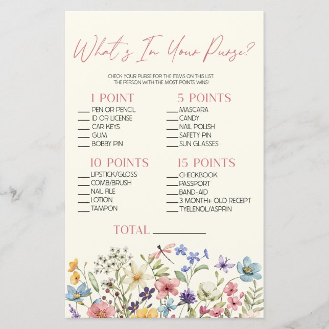 Wildflower Floral What's In Purse Baby Shower Game (Frente)